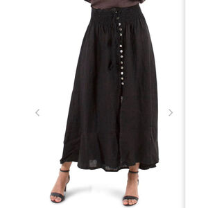 Gigi Moda NWT Smocked Waist Black Maxi Skirt Front Slit Buttons Tie O/S Linen